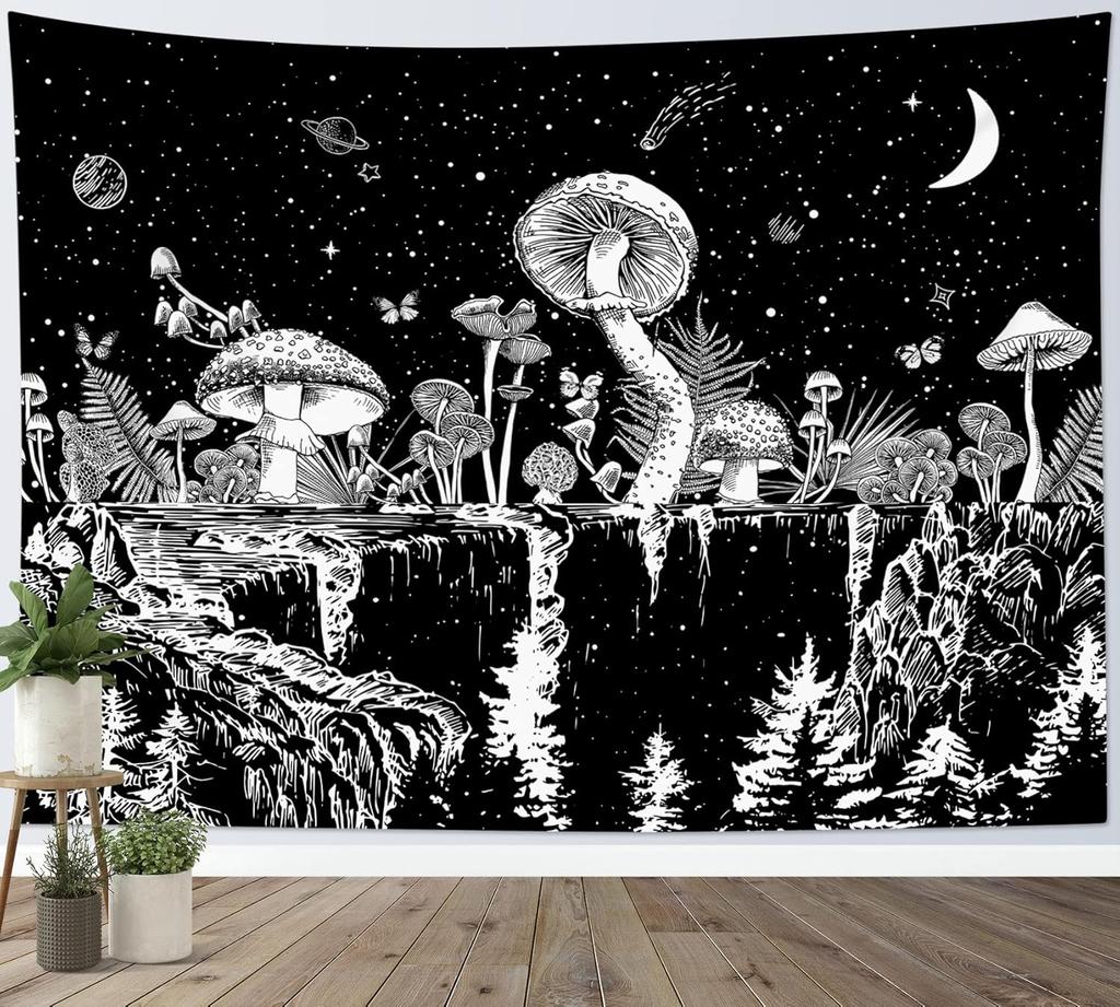Black and White Mountain Tapestry Nature Moon Forest Mushroom Galaxy Stars Tapestry for Bedroom Aesthetic Wall Art Decor for