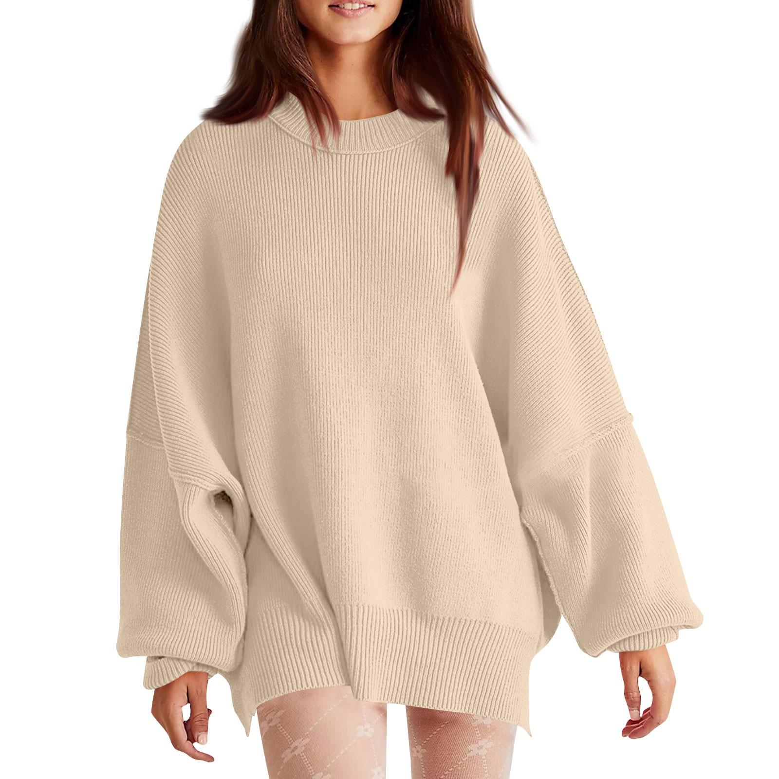 

Женская мода свободный пуловер вязать однотонный свитер с длинными рукавами и круглым вырезом L бежевый