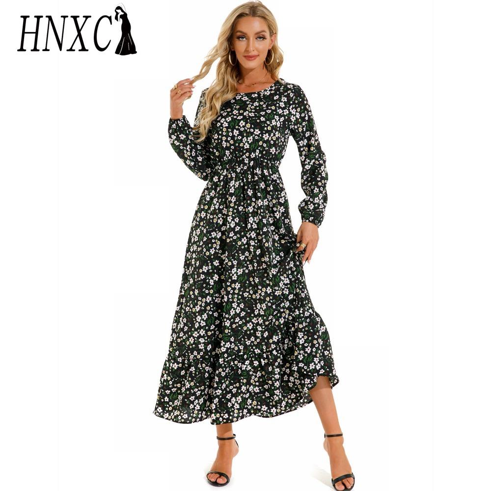 HNXC Spring Summer Bohemian Women Maxi Dress Casual Long Sleeve High Waist Beach Dress Women Floral Chiffon Dresses Vestidoes Mujer New