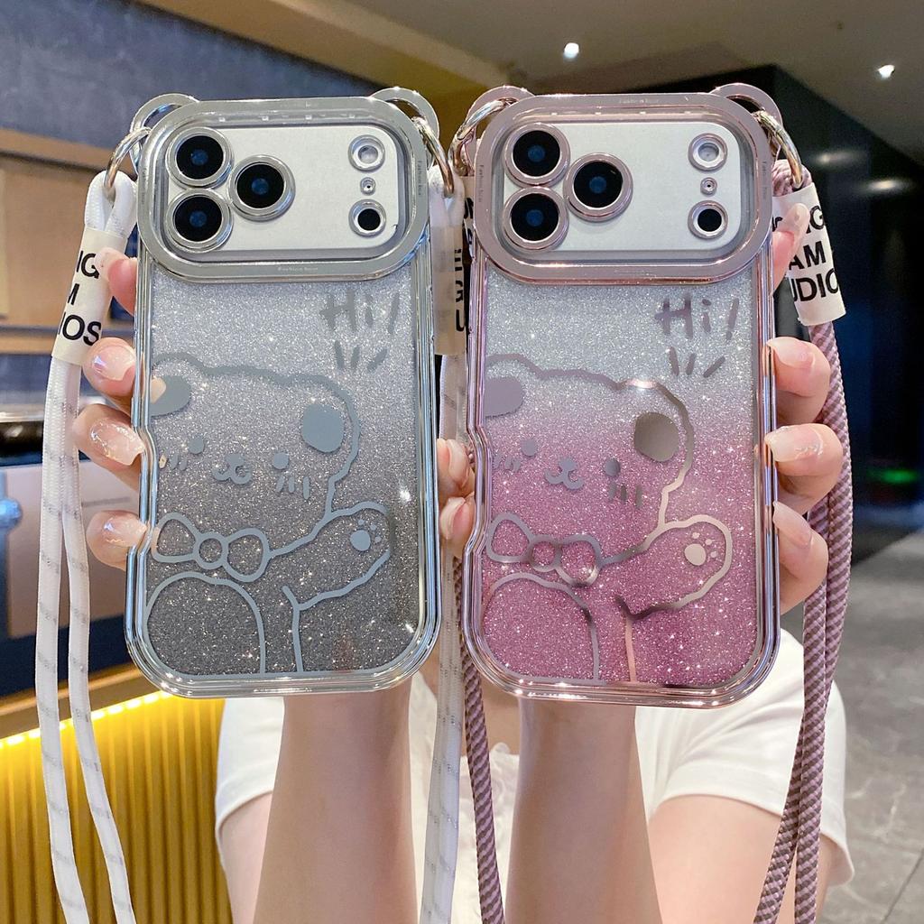 For IPhone17promax Phone Case Cartoon Teddy Bear for Apple 16 Electroplated Glitter 15 with Lanyard Protective Cover