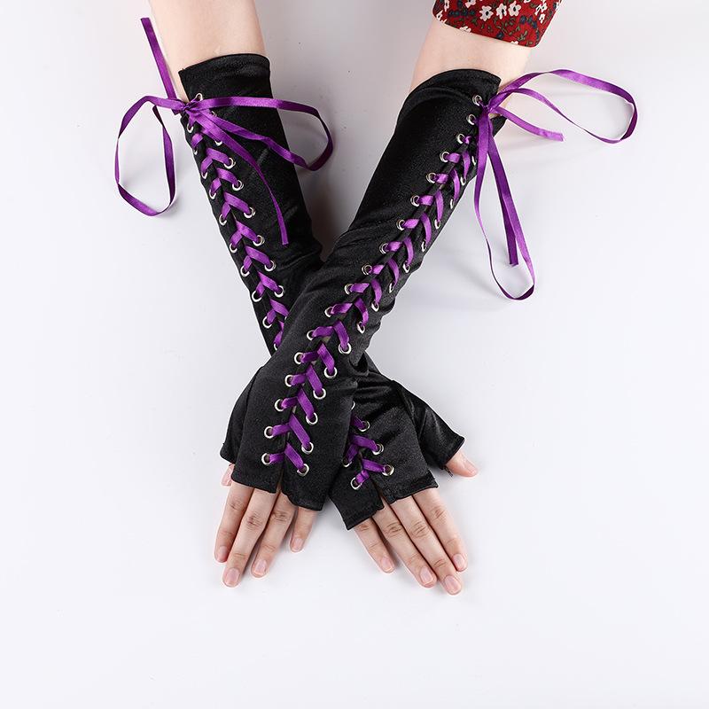 Women Sexy Bandage Ribbon Frenulum Lace Satin Long Gloves Cosplay Stage Performances Lolita Fashion Personality Mittens