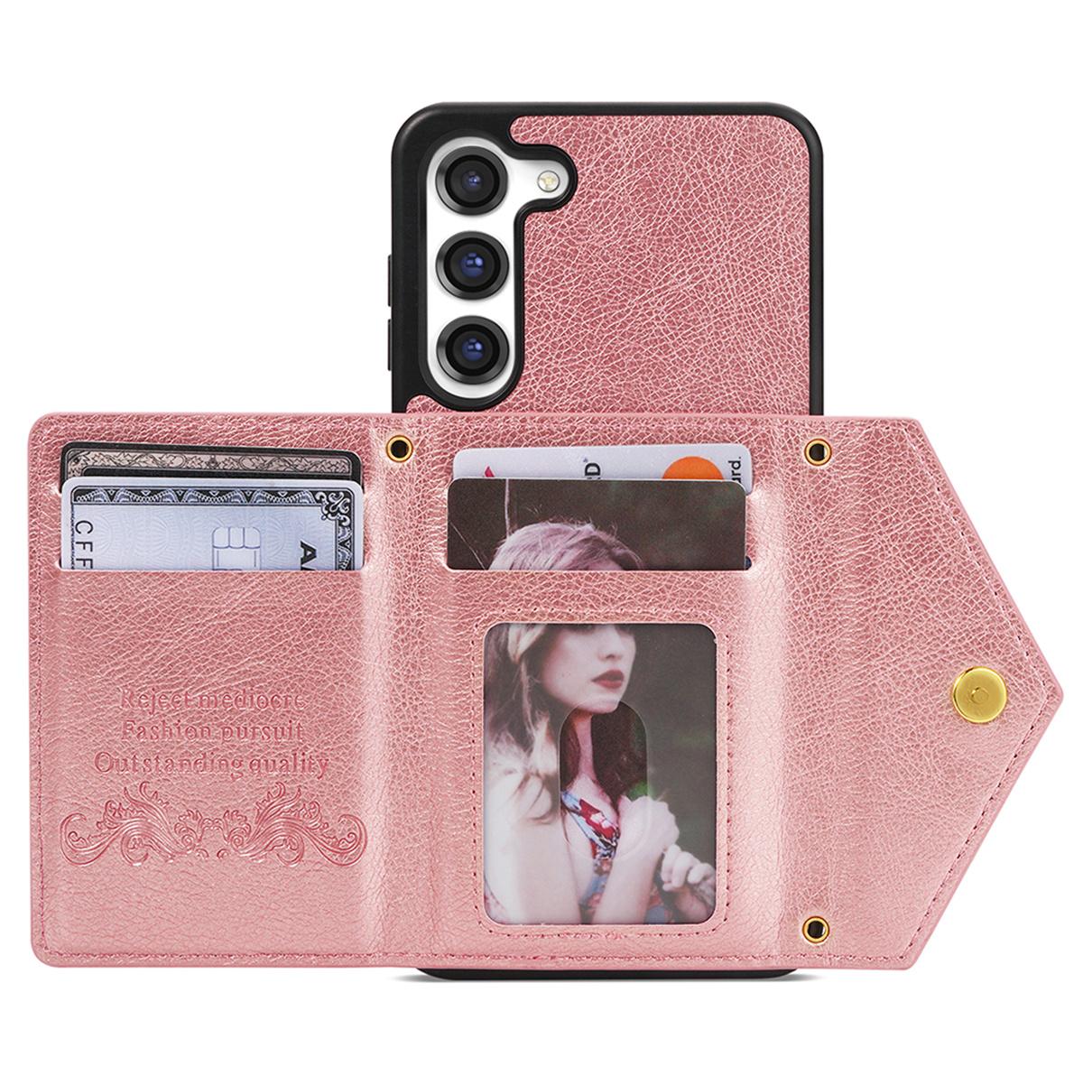 

N.BEKUS For Samsung Galaxy S24+ Leather Zipper Case Card Holder Phone Cover with Shoulder Strap Pink