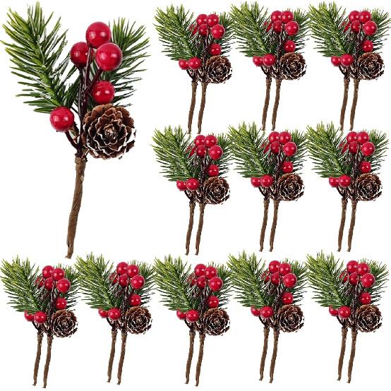 RONYOUNG 20PCS 4.5inch Red Berry Stems Pine Branches Evergreen Berries Décor Artificial Pine Cones Branch for Christmas Craft Wreath Pick & Winter