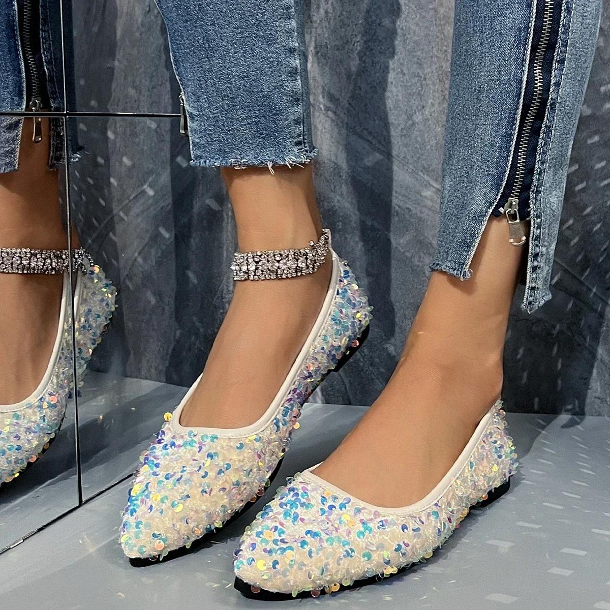 

Блестящие хрустальные заклепки балетки женские остроносые туфли без застежек удобные балетки с неглубоким вырезом мокасины большого размера 41 бежевый