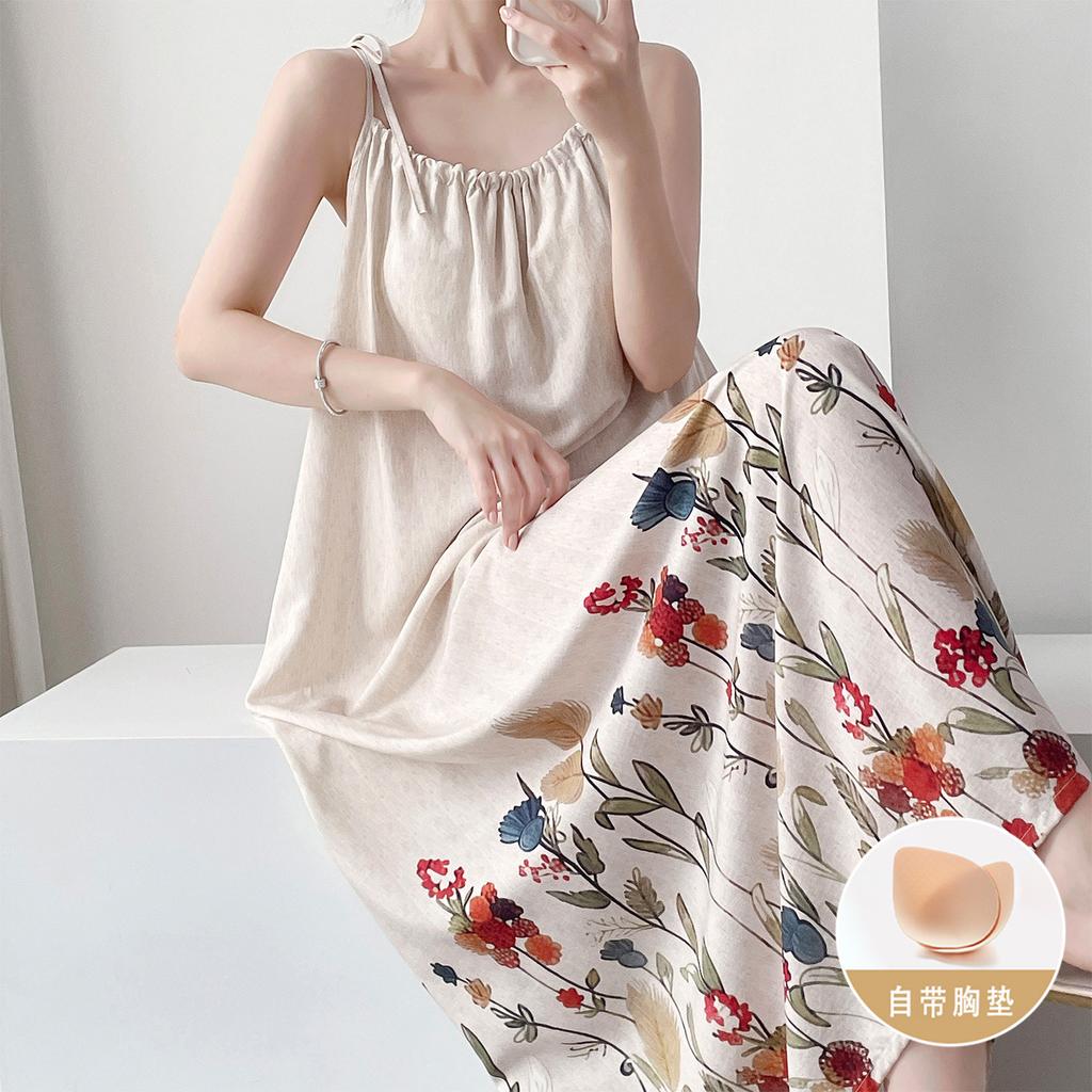 Anti-bump cotton silk suspender nightdress women's summer thin plant flower high-end loungewear with chest pad dress