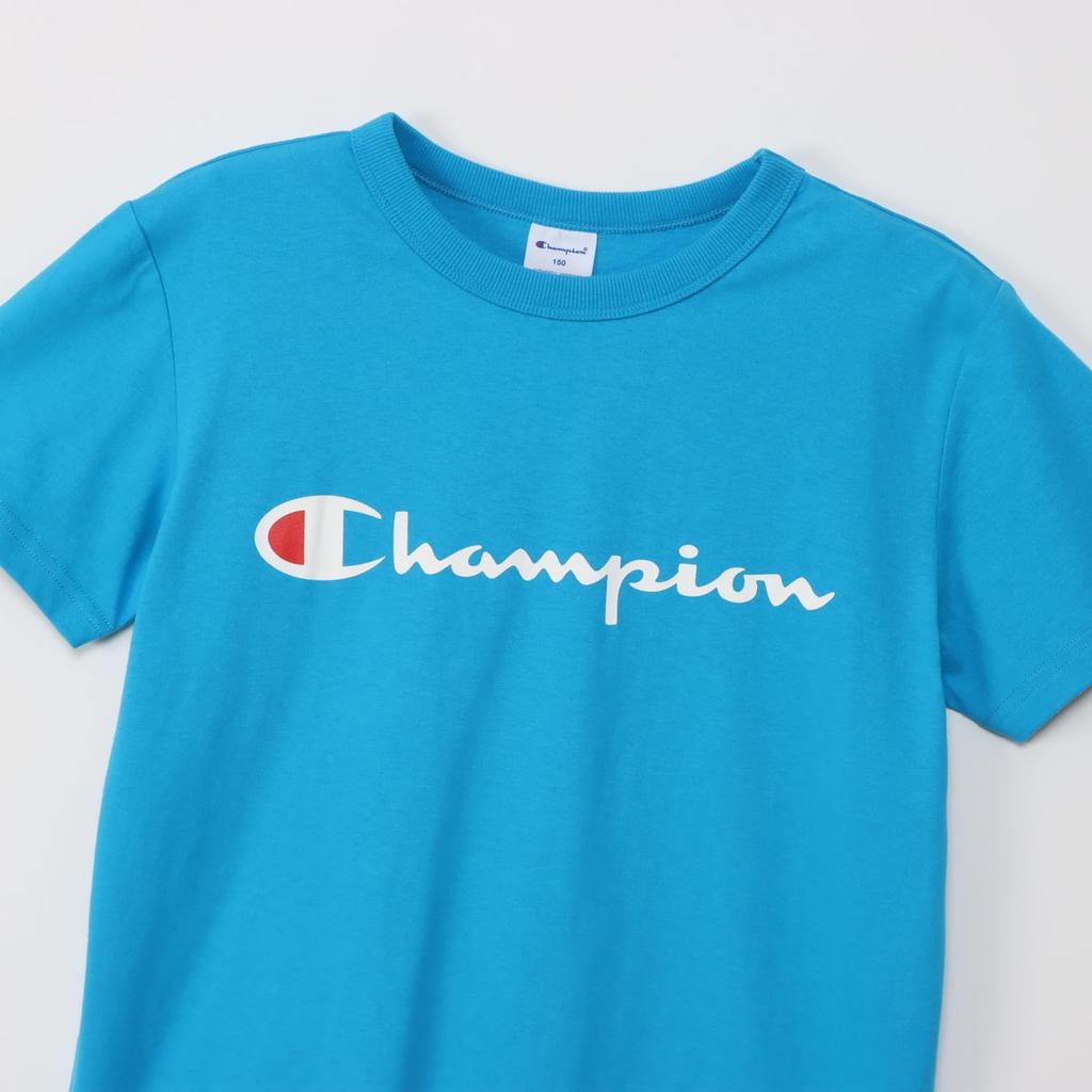 Champion Script Logo Short Crew Binder Rubber Aqua Size 160 Kids' T-Shirt, Sleeve, Neck, 100% Cotton, Neck, Print, Basic, Blue, (CK-Z302)