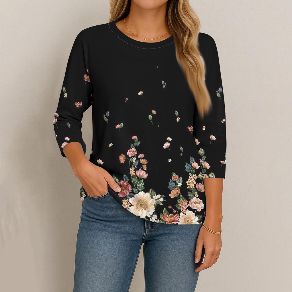 Women's Fashion Casual Round Neck 3/4 Sleeve Loose  Printed T-Shirt Ladies Top