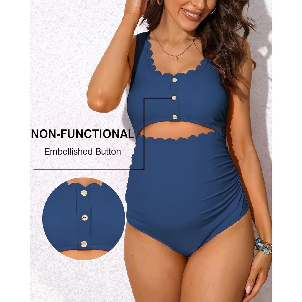 CHARMLEAKS Umstands-Einteiler-Badeanzug, gewellter, ausgeschnittener, gerüschter, hoch taillierter Schwangerschafts-Badeanzug mit U-Ausschnitt
