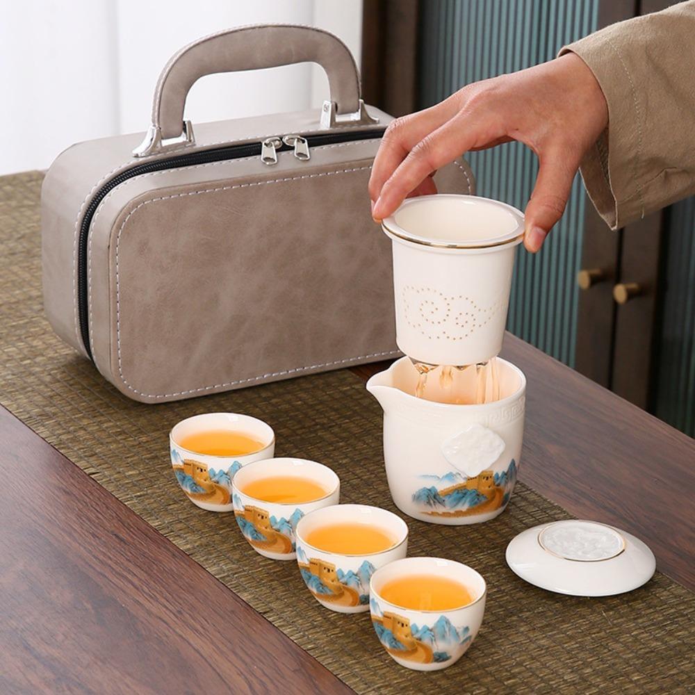 Skopový tuk Jade Bílý porcelán Cestovní čajová souprava Kung Fu Hrnec se čtyřmi šálky Sada přenosných sáčků Venkovní keramický čaj Rychlý šálek