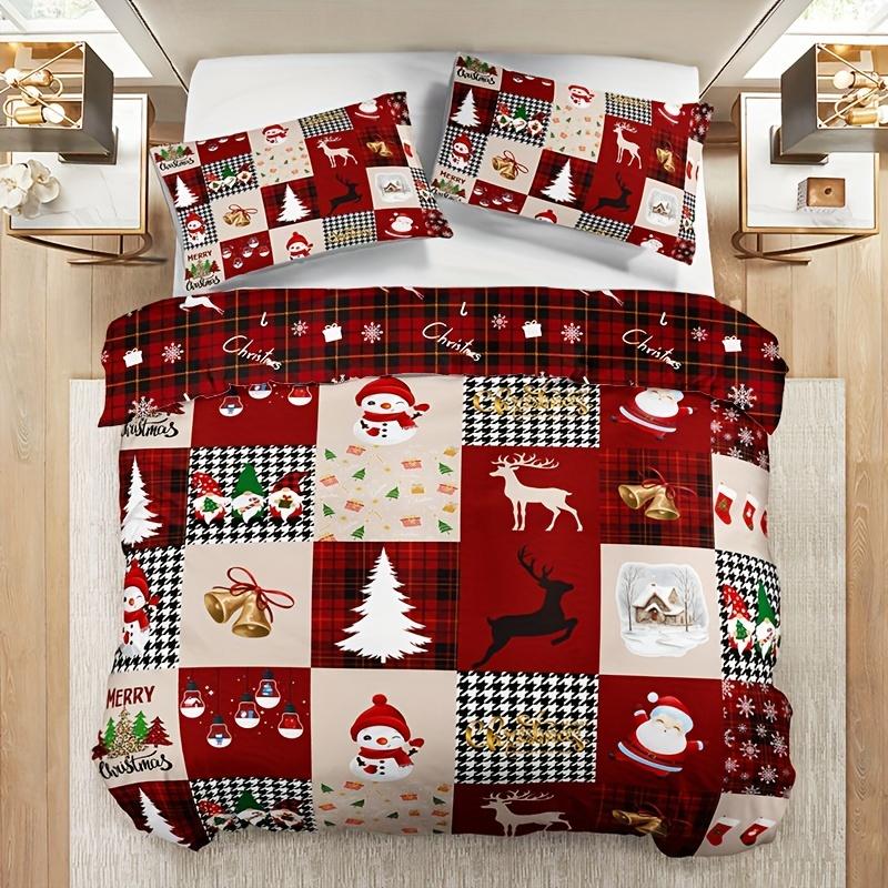 

Christmas Reindeer Plaid Duvet Cover Set Breathable Polyester Machine Washable Includes 1 Duvet Cover And 2 Pillowcases 90X200cm 2PCS