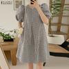 ZANZEA Women Casual Round Neck Short Sleeve Summer Plaid Print Dress