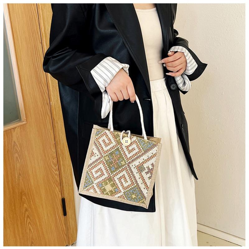 Bolsa de lona estilo étnico feminina moda verão para levar para fora lancheira de linho bolsa bento bolsa de mão para mamãe
