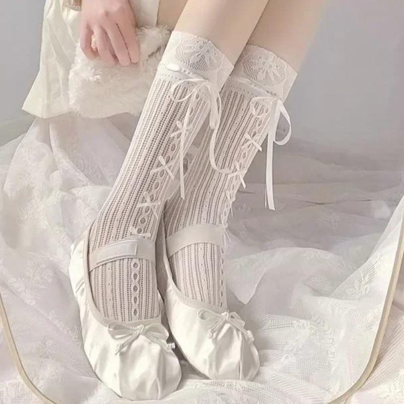 Ballet Elegant Style Sock Ribbon Bows Tie Stocking Hollows Lace Striped Bows Tie Fishnet Long Knee Length Sock for Womens Girl