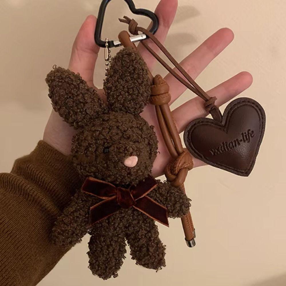Cartoon Bunny Bow Key Chain Soft Plush Rabbit Doll Pendant Leather Heart Keyring Hanging Ornaments