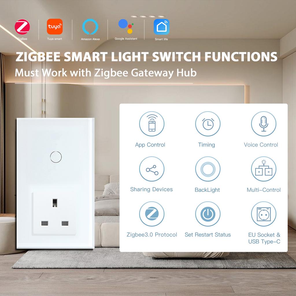 BSEED Zigbee 1/2/3Gang Touch Switches 1/2/3Way Tuya Smart Life App Control With UK Sockets Glass Panel Neutral Version White