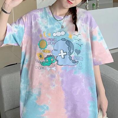 Korean Tie-dye Cartoon Short-sleeved Women's Summer New Japanese Style Casual Loose Versatile Printed T-shirt Top