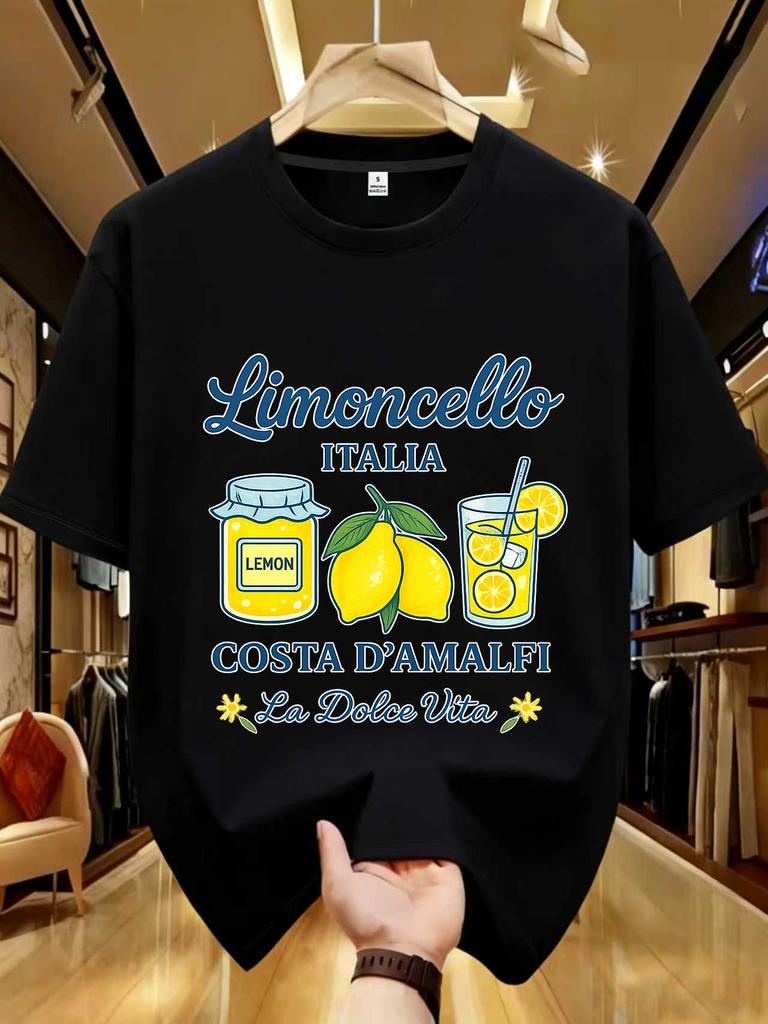 Unisex Retro Stijl T-shirt Limoncello Citroenlikeur Print Ronde Hals Korte Mouw Polyester Top met Verfrissende Tekst Top