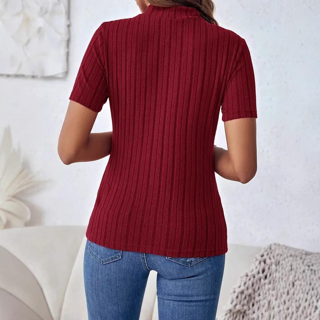 Wiosna i Lato Jednokolorowe Paski Dzianinowe Bluzki z Krótkim Rękawem Nisza Półwysoki Kołnierz Dopasowane Damskie T-shirty