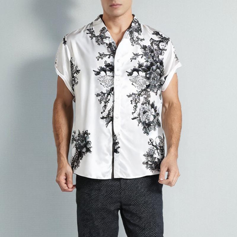 

Summer Lapel Casual Ink Painting Plum Blossom Print Shirts Men s Short-sleeved Shirts S