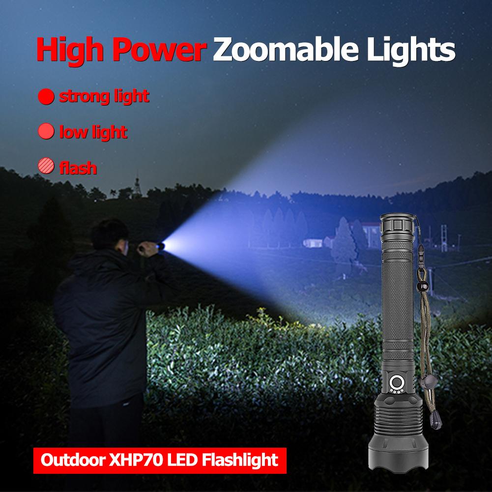 USB Powerful XHP70 Flashlight Torch Super Bright Rechargeable Zoom LED Tactical Torch 18650 or 26650 Battery Camp Lamp
