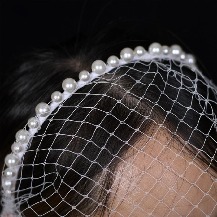 Breathable Face Veil Hairband Bridal Shower Hairhoop Head Accessory with Pearls Decors for Special Occasion Formal Outfit
