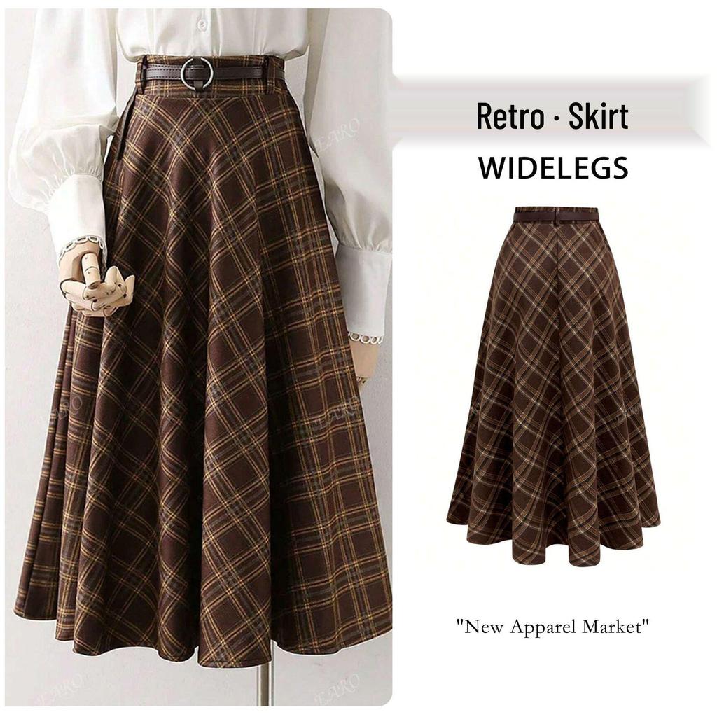 Women's Coffee Plaid A-line High-Waisted Retro Wrap Skirt