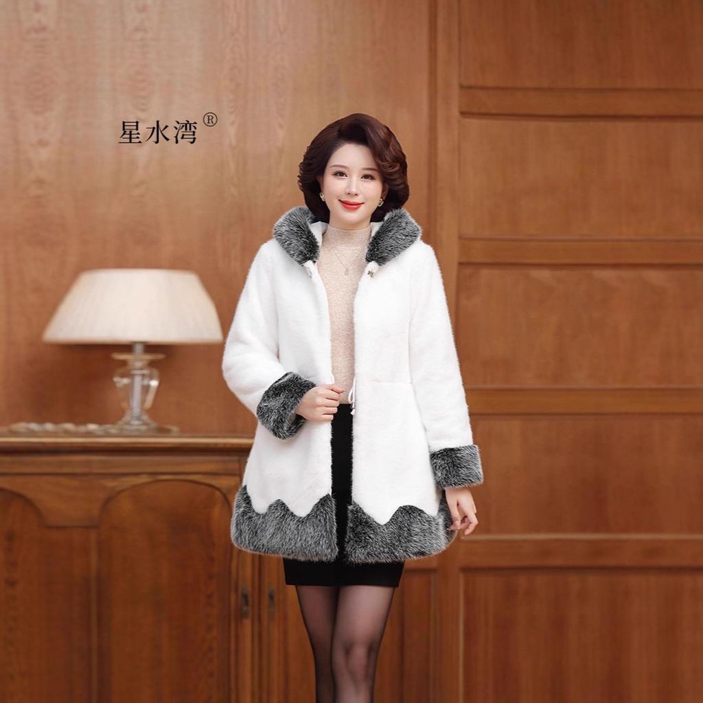 Imitation mink fur mink fur coat middle-aged and elderly coat medium and long hooded cotton-padded coat mink fur waist