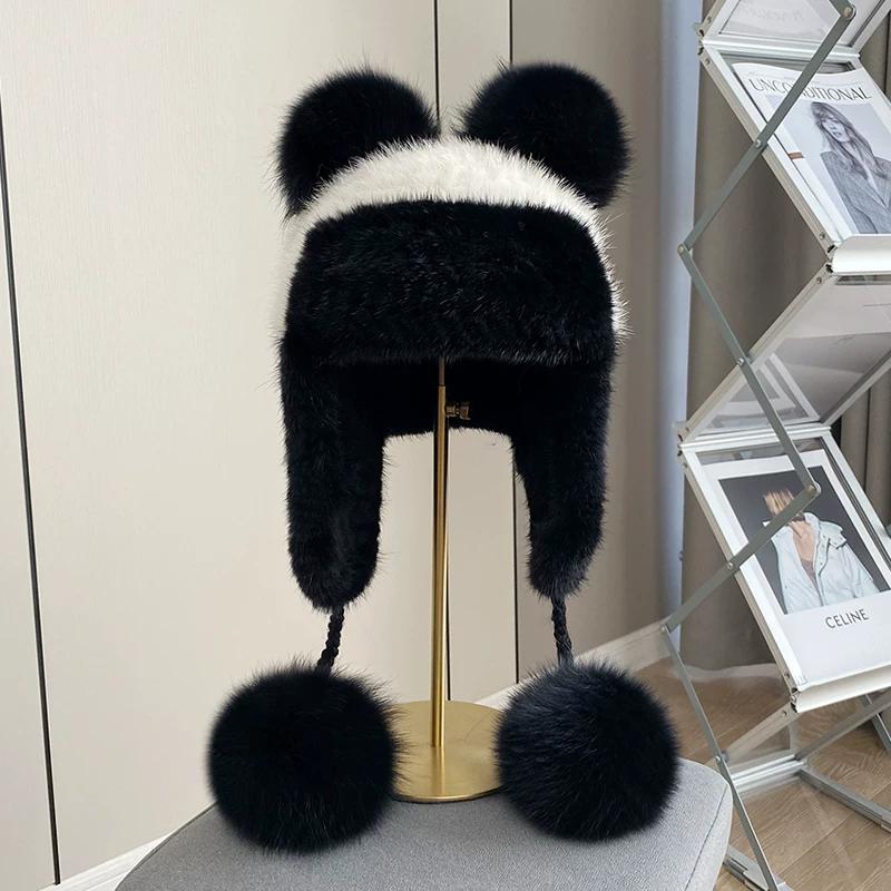 Winter New Warm Mink Hair Woven Lei Feng Hat Female Ear Protector Mink Hat Cute Fox Fur Ball Fur Hat