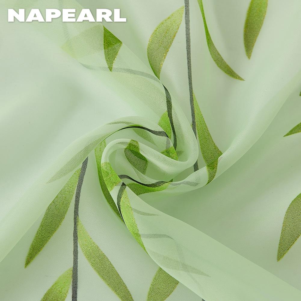 1PC Green Transparent Window Screen Willow Leaf Pattern Offset Printing Curtain Tulle Sheer for Living Room Bedroom Balcony Home Decor NAPEARL