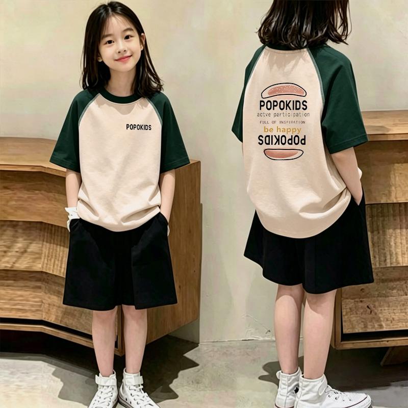 Trendy Color Block T-Shirt Set for Girls (6-15) - Summer Casual Two-Piece Patchwork Design