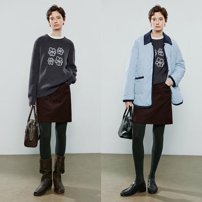 Chuyu Women's Retro Floral Jacquard Round Neck Sweater