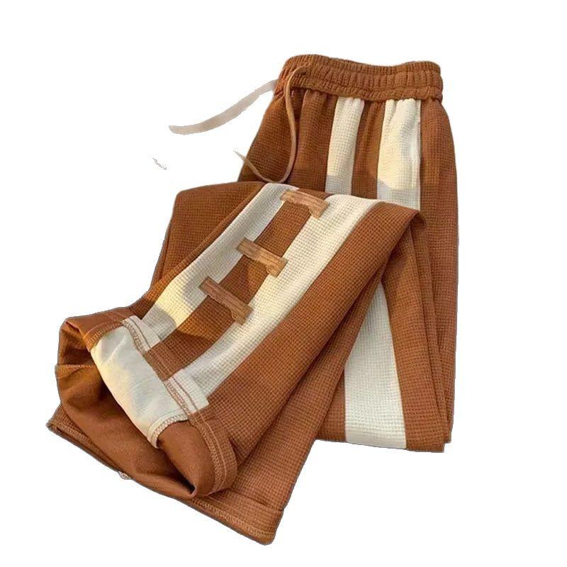 Korean-Style Trendy Color Block Striped Casual Sweatpants, Unisex Spring/Summer Waffle Drape Wide-Leg Design