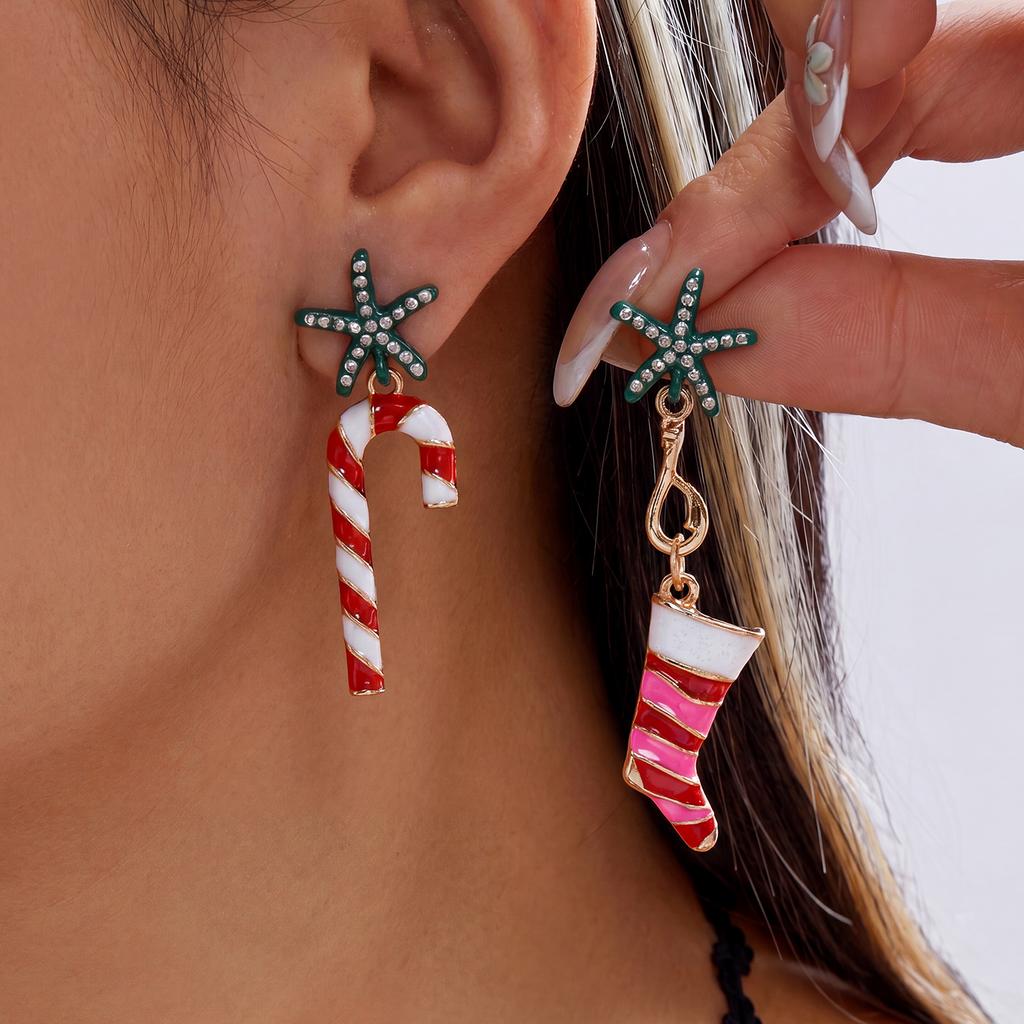 Christmas Rhinestone Gingerbread Man Drop Earrings For Women Candy Cane Bow Snowman Santa Claus Dangle Earring Party Jewelry
