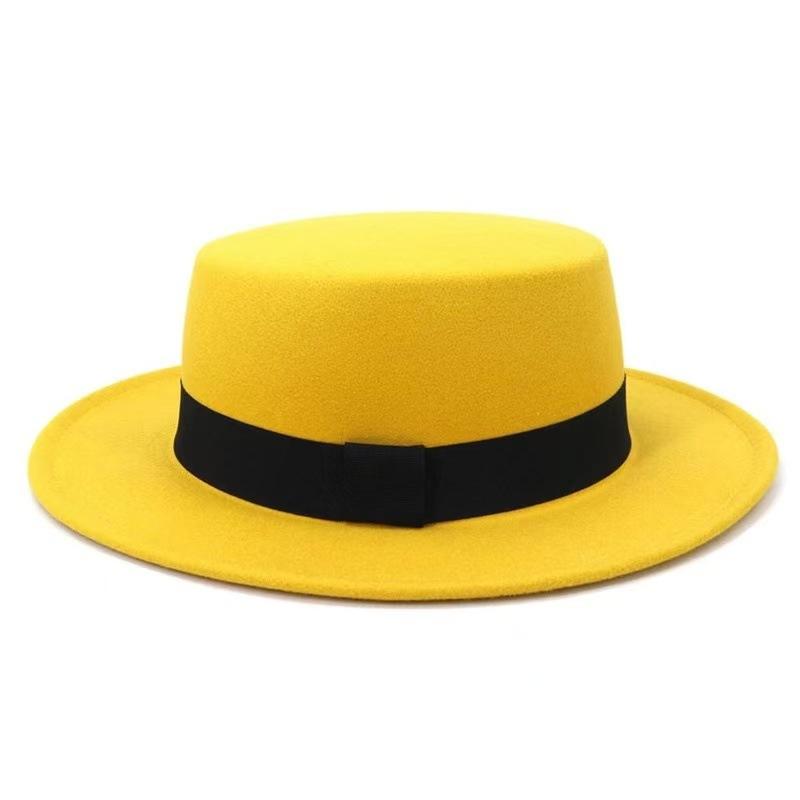 Autumn Winter Korean Version Flat-Top British Style Solid Color Top Hat Gentleman'S Jazz Hat Wide-Brimmed Flat-Brimmed Woolen Hats For Men And Women