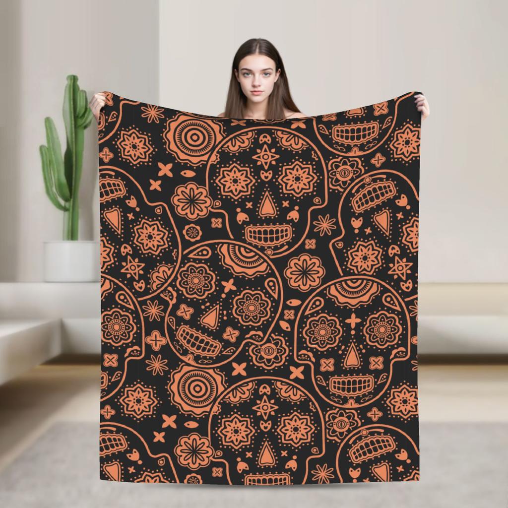 Sugar Skull Rose Halloween Knitted Blanket Flannel Gothic Day of the Dead Warm Throw Blankets for Bed Bedspread