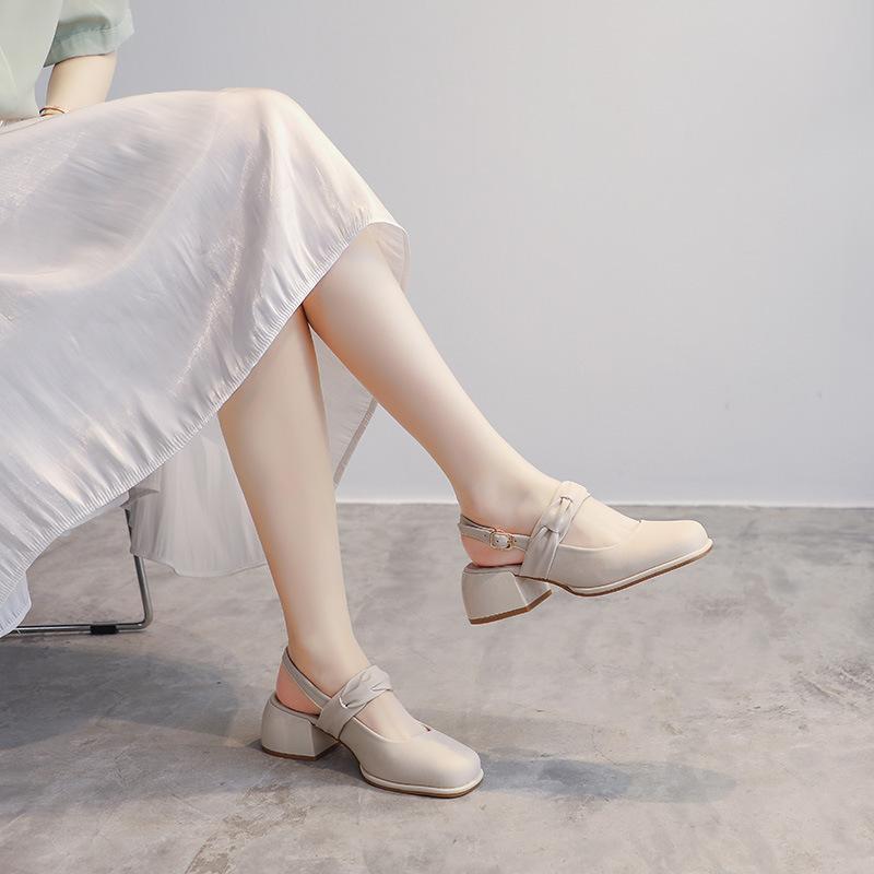 713-3 Half-bag Head Sandals Women's 2025 Summer New French Style with Skirt Medium Thick Heel Summer Single Shoes