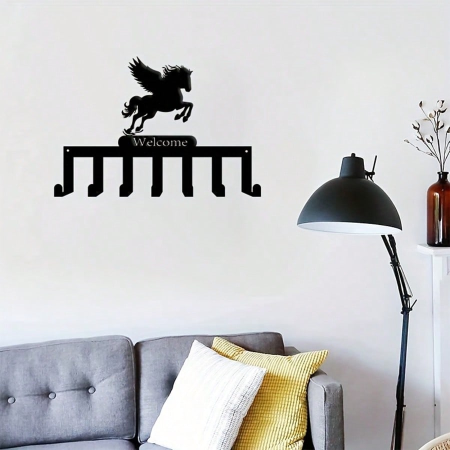 Nordic White Horse Key Holder Metal Wall Art 7 Hooks Animal Theme Christmas Gift