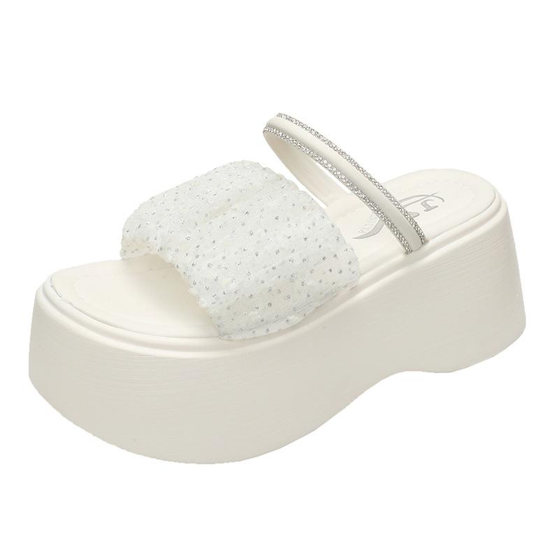 

2025 new thick-bottomed muffin one-word slippers female summer small mesh rhinestone fairy wind Roman cool slippers 34 бежевий
