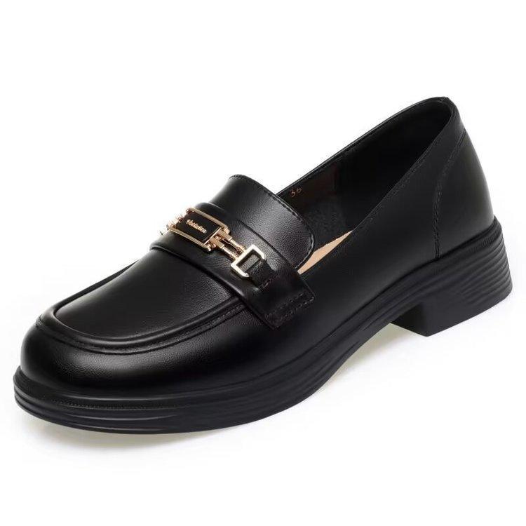 Spring new British style black small leather shoes soft sole round head middle heel single shoes