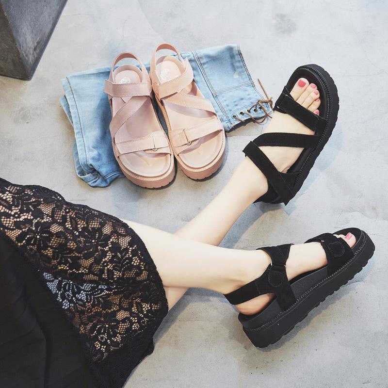 Summer new Harajuku versatile college leather Velcro women's sandals muffin shoes platform student sandals women