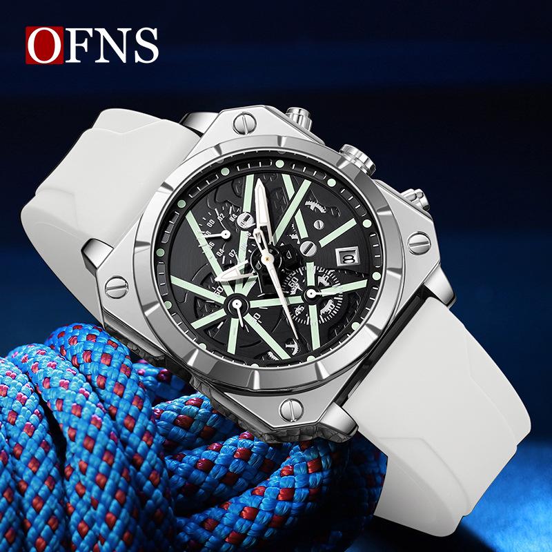 OFNS Men's Six-Needle Chronograph Quartz Watch with Luminous Bar Markers, Square Face, Waterproof, and Calendar.