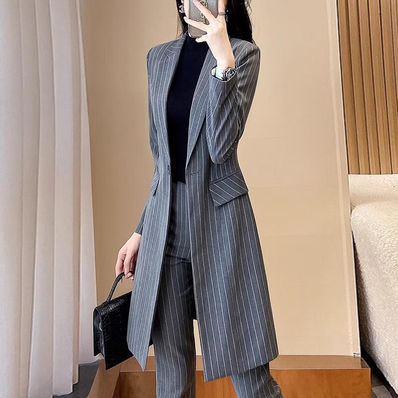 Women's Striped Long Trench Coat & Pant Suit Set