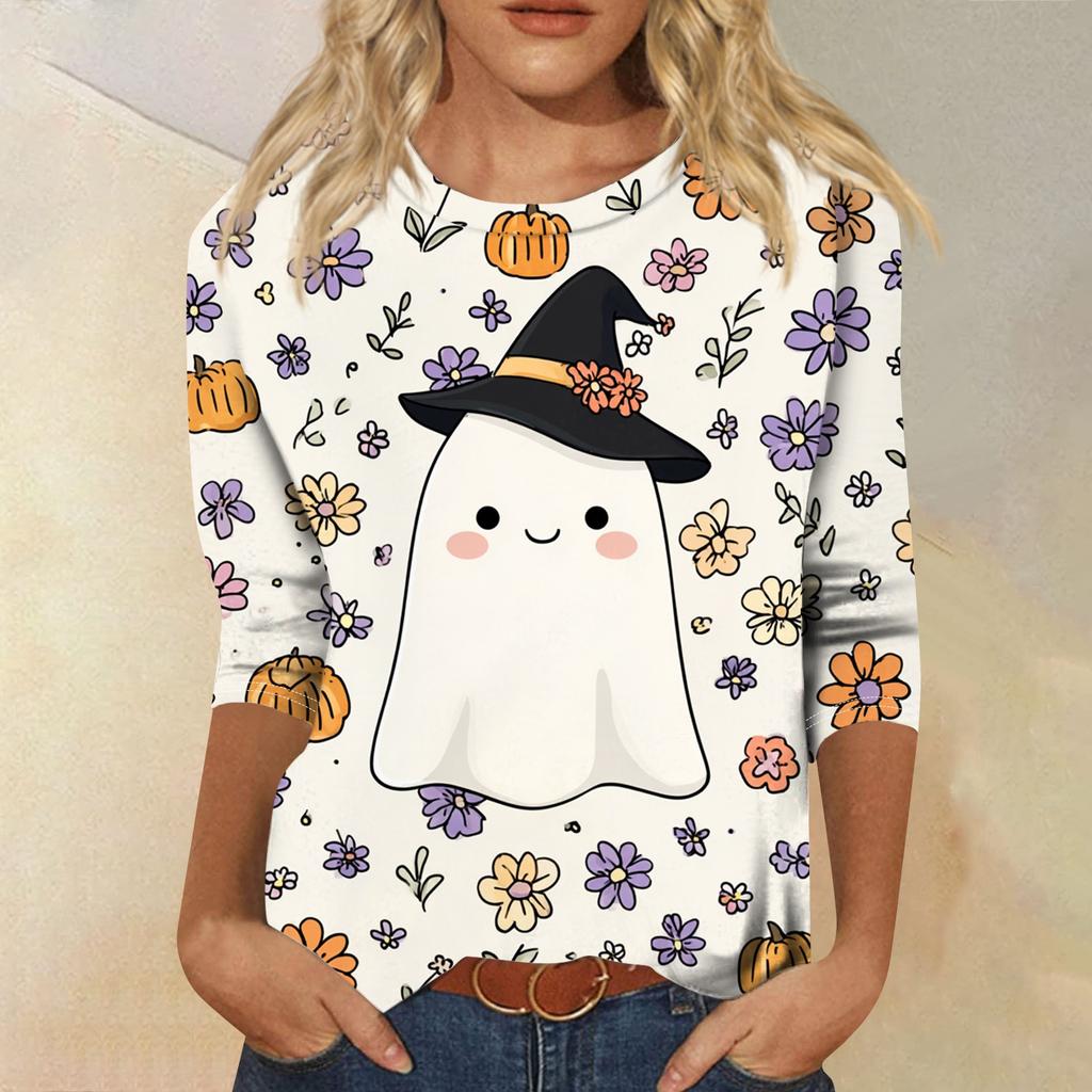 Damenmode Lässig Rundhals Dreiviertelarm Halloween Bedrucktes T-Shirt Top