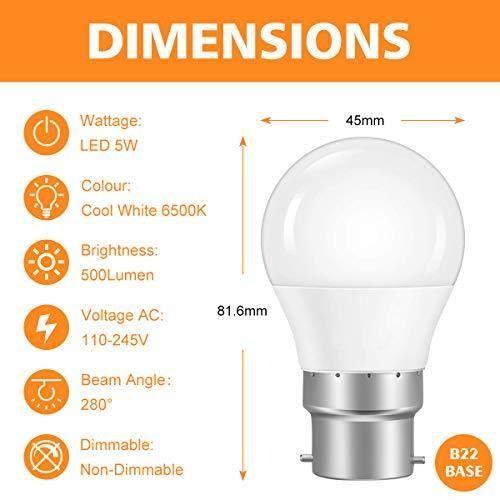 Ampoule LED À Baïonnette, Ampoules G45 Type Globe Avec B22 Standard Culot, 500LM Économie D'énergie Blanc Froid 6500K Non Dimmable