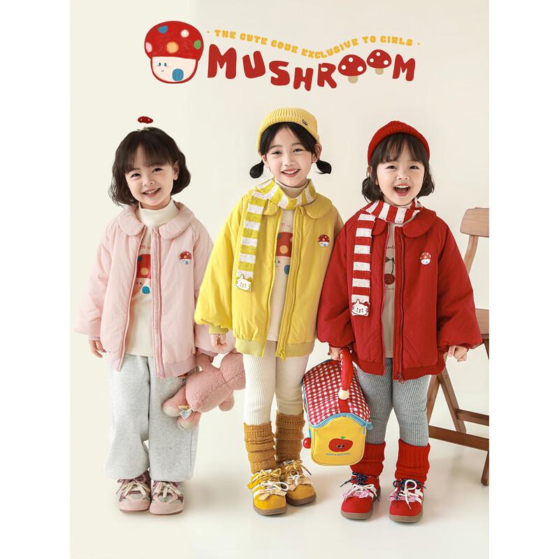 Girls' Mushroom Embroidered Doll Lapel Winter Puffer Coat