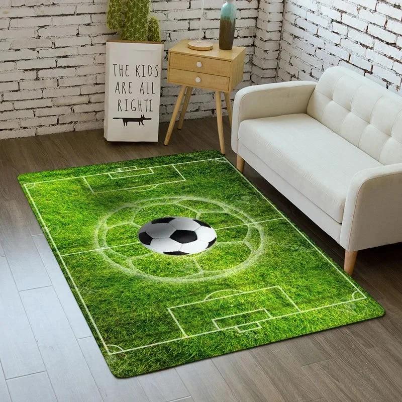 Sporty Football Pitch Floor Mat Non-Slip Washable Carpet for Living Room or Boy's Bedroom Vibrant Rug for Sofa Area Decor
