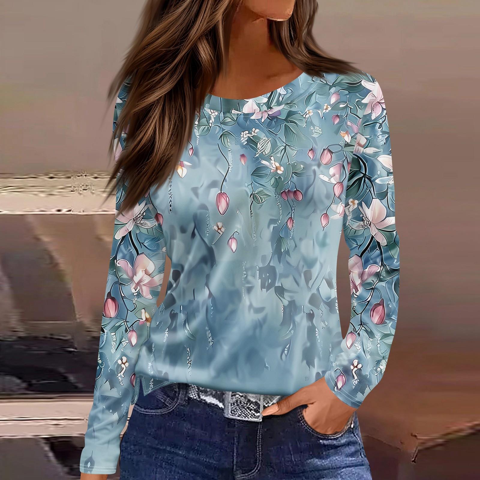 

Женская модная повседневная свободная футболка с принтом и круглым вырезом с разрезом и длинным рукавом, женский топ L синий