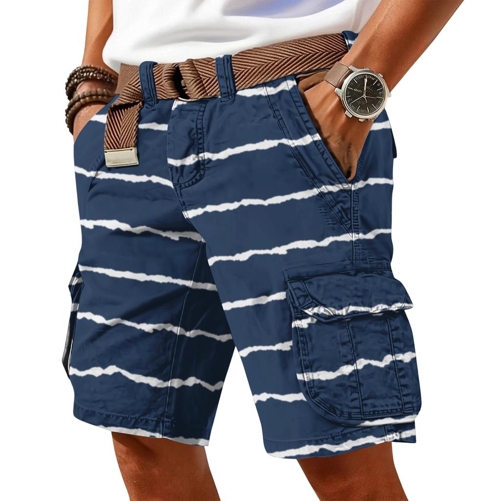 Men's casual trend striped printed short pants - Men's multi-pocket work- athletic shorts (without waistband)