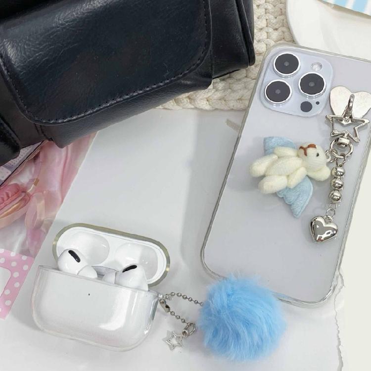 Pompoms Adorned Bear Keyring Plush Animal Keychain Pendant Handmade Phone Charm Unique Gift for Children and Teens