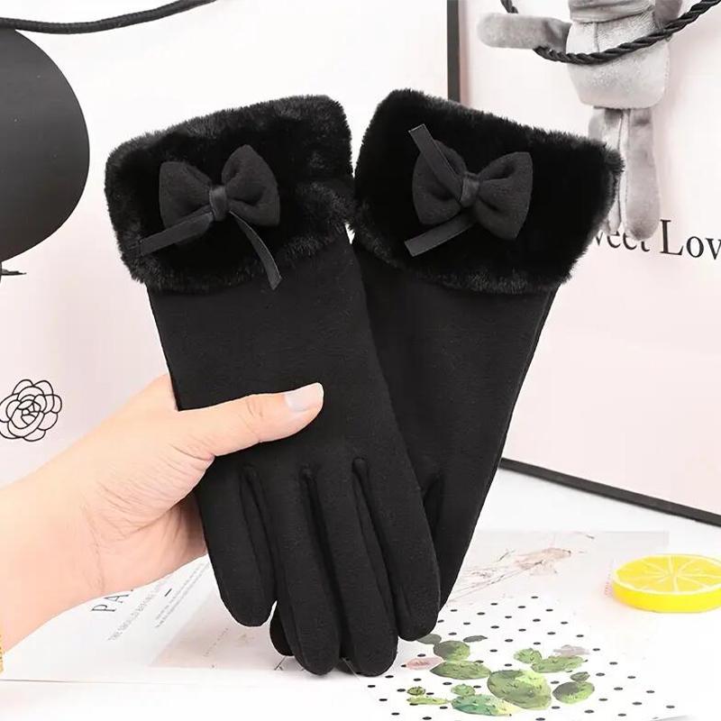 Women's Velvet Outdoor Cycling Bow Warm Gloves Windproof and Cold-proof Touch Screen Gloves